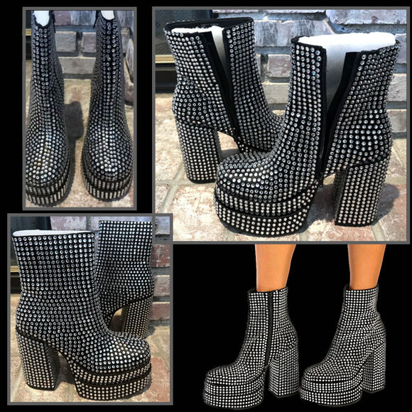 Steve Madden Cobra Black Rhinestone Double Platform Ankles Booties Size 8.5 - Picture 1 of 8